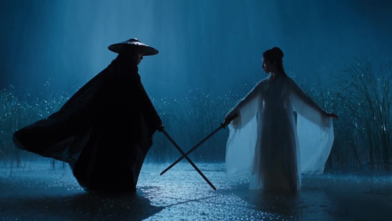 武侠雨夜浅滩芦苇荡打斗